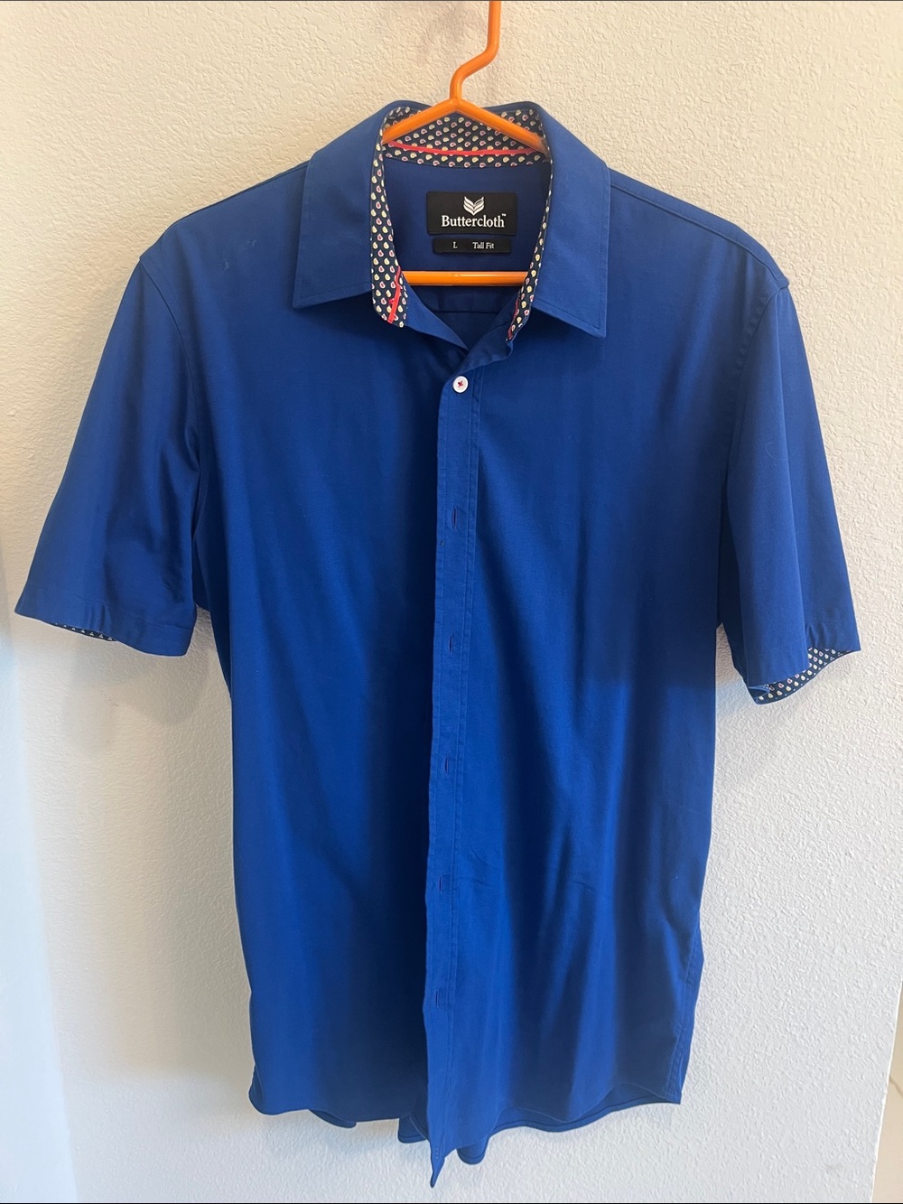 Buttercloth Short Sleeve Button-Down Shirt in Blue with Patterned Trim